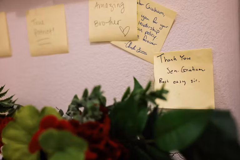 WASHINGTON, DC - JULY 13: Sticky notes are left near the office entrance for the late U.S. Sen. Lindsey Graham (R-SC) in the Russell Senate Office Building on July 13, 2026 in Washington, DC. Graham passed away suddenly over the weekend at age 71 after serving South Carolina in Congress for 31 years, including eight years in the House and 23 years in the Senate. Photo by Anna Moneymaker/Getty Images)