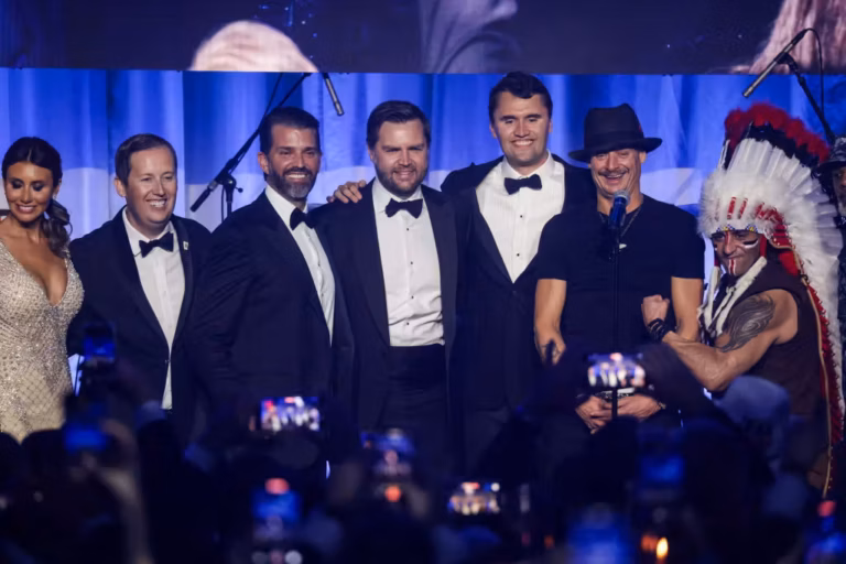 Donald Trump Jr., then Vice President-elect JD Vance, and Charlie Kirk during the Turning Point USA Inaugural-Eve Ball.  (Photo by Samuel Corum/Getty Images)
