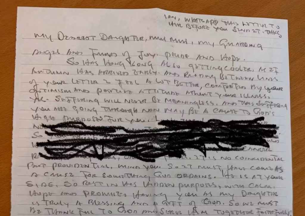 Letter from Jimmy Lai to his daughter, Claire Lai. Photo courtesy of Claire Lai.