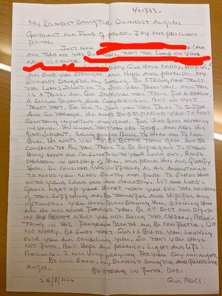Letter from Jimmy Lai to his daughter, Claire Lai. Photo courtesy of Claire Lai.