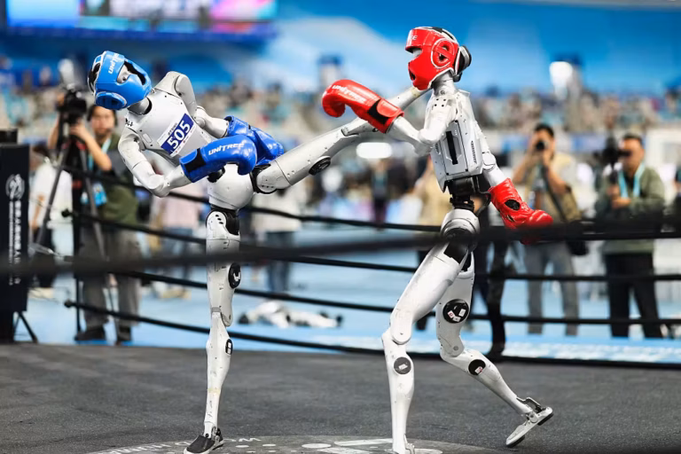 BEIJING, CHINA - AUGUST 26: Humanoid robots fight during a kickboxing match during the 2nd World Humanoid Robot Games at National Speed Skating Oval on August 26, 2026 in Beijing, China. (Photo by Lintao Zhang/Getty Images)