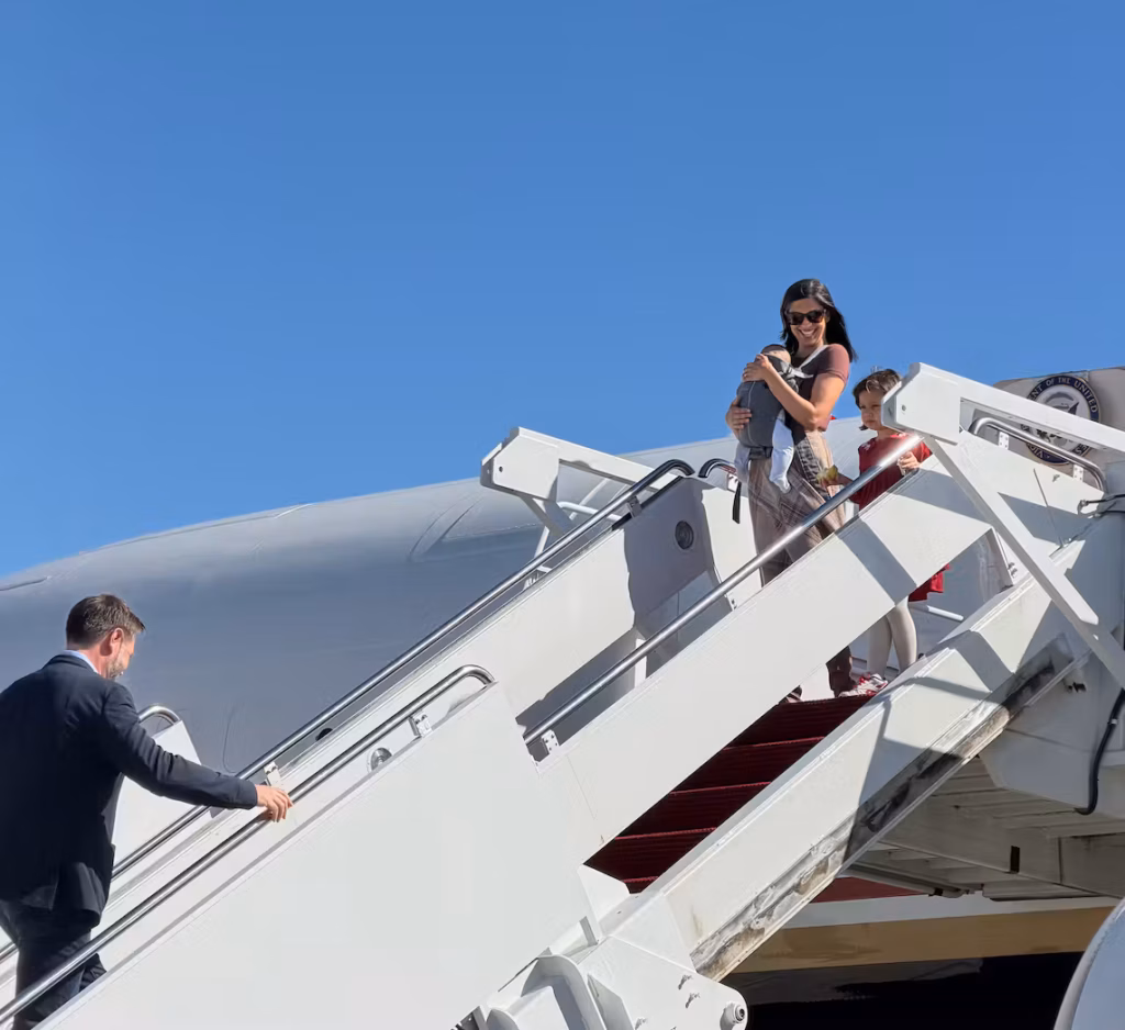 JD Vance boards Air Force Two as he heads to Alaska with his wife, Second Lady Usha Vance, his daughter Mirabel, and his son, baby Alec. Photo: Mary Margaret Olohan for The Daily Wire.