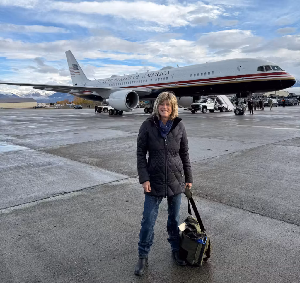Suzanne Downing catches a ride to JD Vance's rally in Fairbanks aboard Air Force Two. Photo credit: Suzanne Downing.